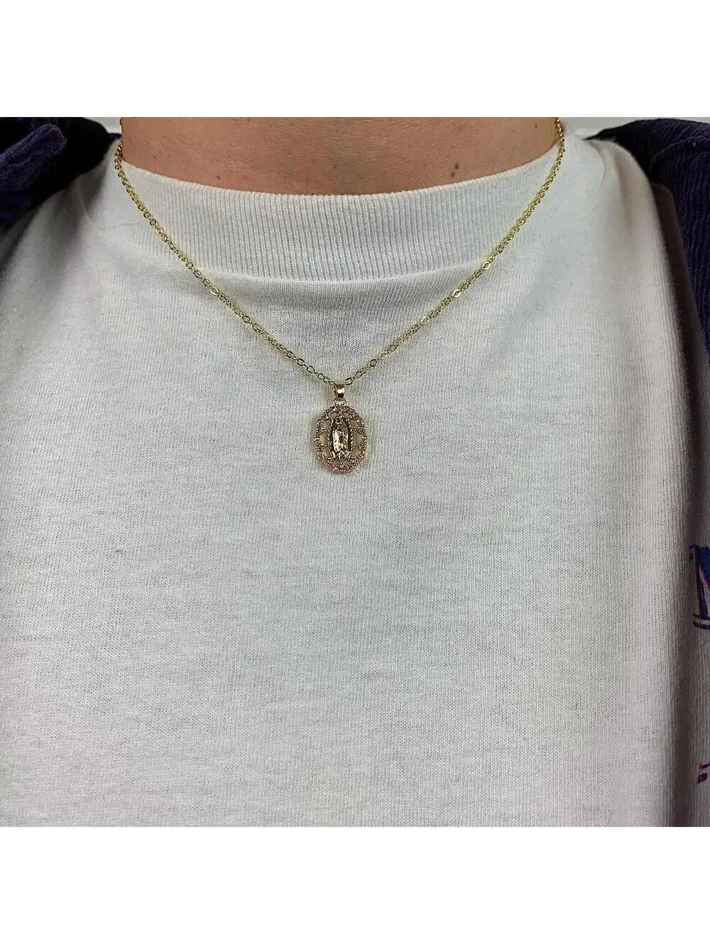 Y2k style gold Saint Marry Pink rhinestone pendant necklace. 19 inches length.